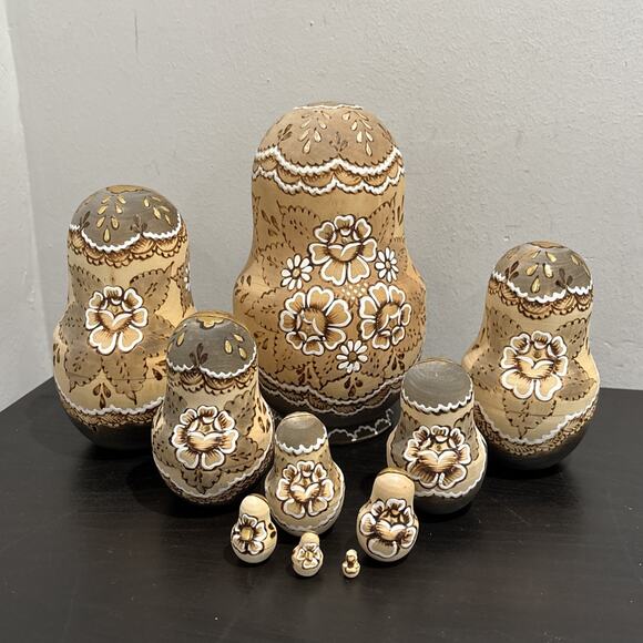 Vintage Russian Matryoshka Nesting Dolls Set Of 10 Wooden Hand Signed Burnt - Picture 6 of 12
